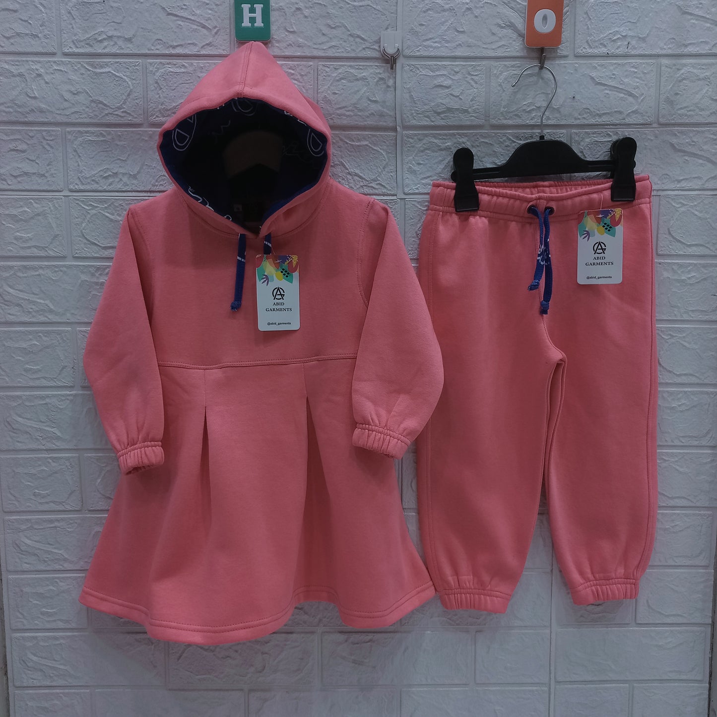 Tea Pink Fleece Hoodie Frock Suits