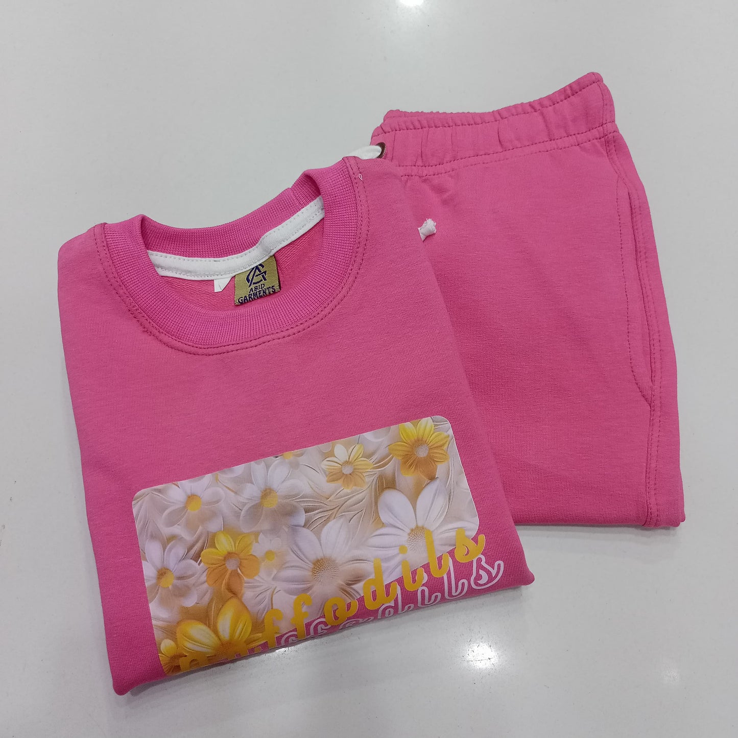 Candy Pink Daffodils-Terry Cotton Tracksuits