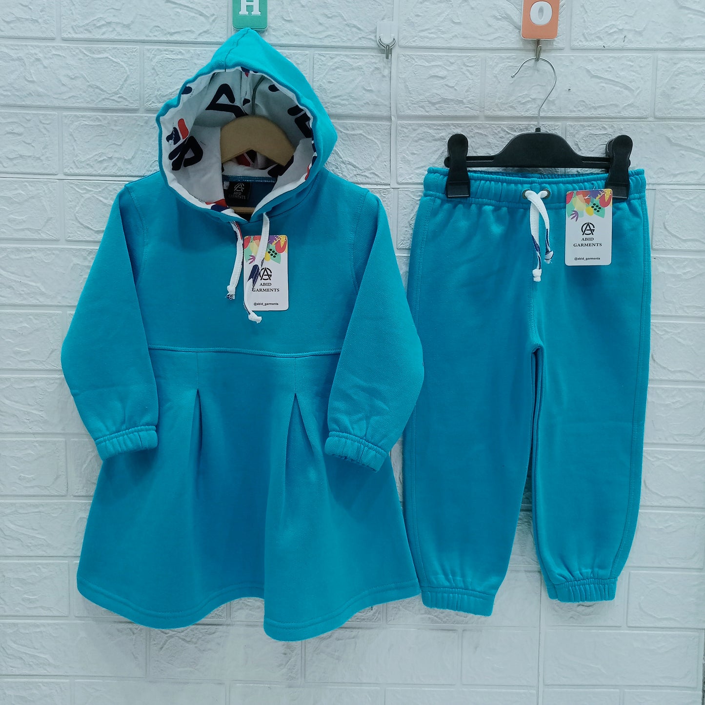 Turquoise Fleece Hoodie Frock Suits